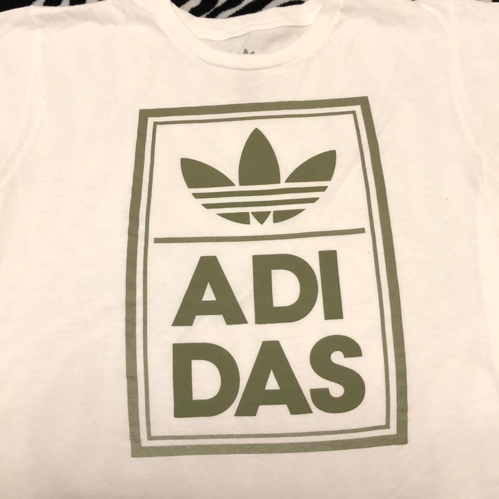 White and Olive Green Adidas Shirt.